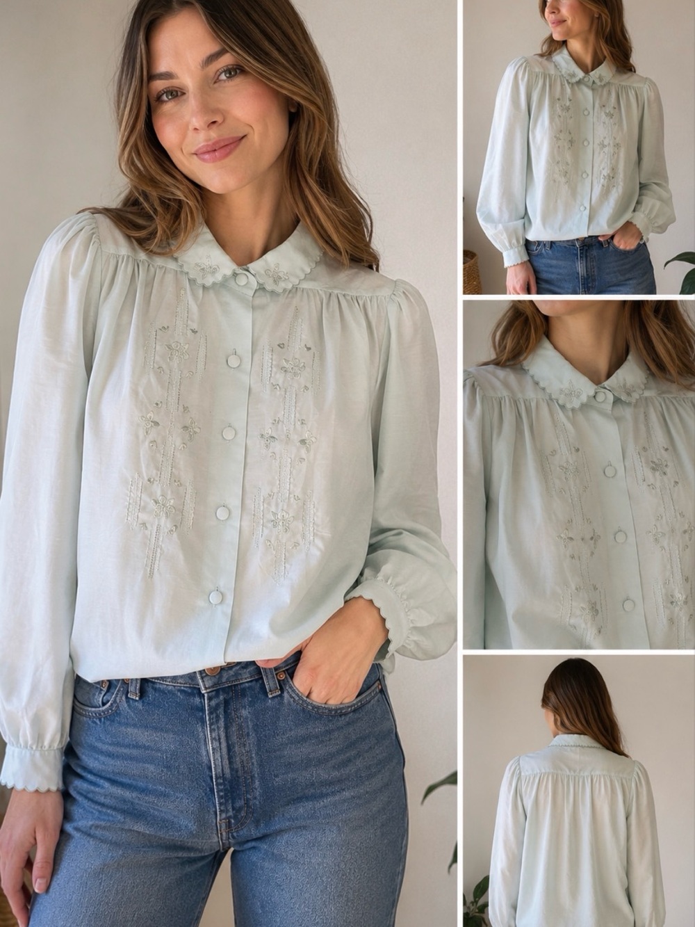 Embroidered Light Mint Button-Front Blouse - Women